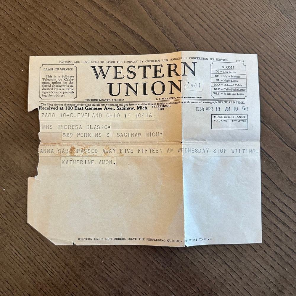 Vintage 1934 Western Union Telegram Death Notice Ephemera Saginaw Michigan Ohio